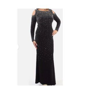 Xscape Black Silver Studs Cold Shoulder Side Split Stretch Formal Gown Sz 16W